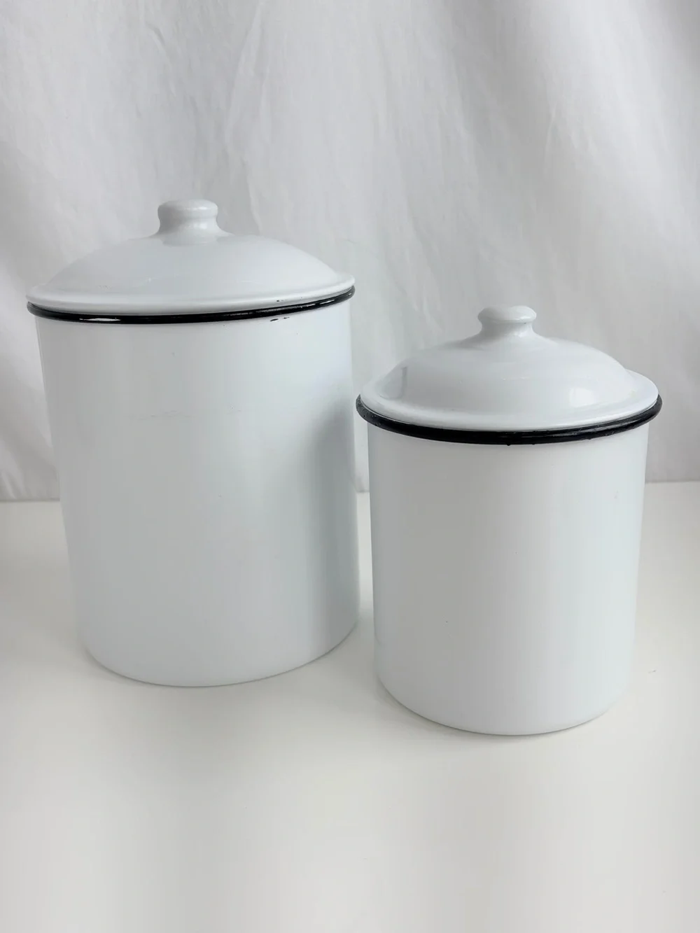 2 Piece Canister Set Vintage Inspired White & Enamel Black Rim Round Tin Storage